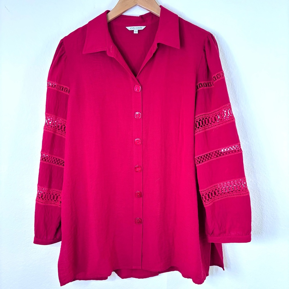 John Mark Red Crochet Sleeve‎ Button Blouse Boho Artsy L